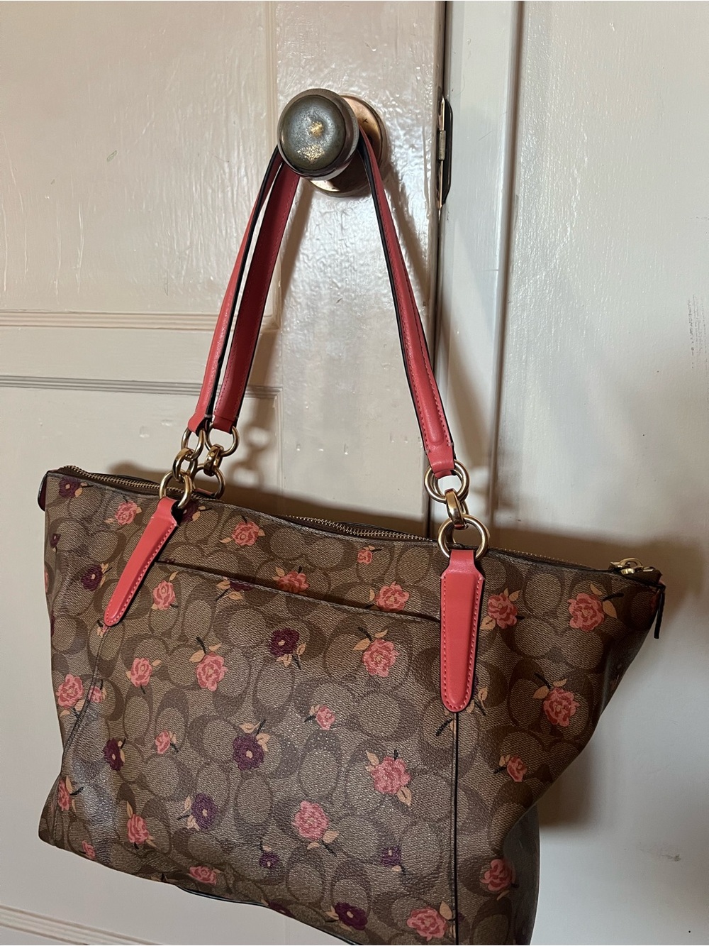 Coach Brown Floral Canvas Shoulder Tote with Pink Handles
